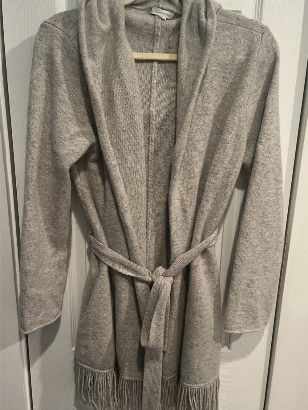 Garnet Hill Light Gray Hooded Belted Fringe Coatigan Sz S
